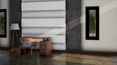 Modern çalışma alanının iç tasarımı, döner çekim yavaş çekim, video ultra HD 4K, 3D animasyon