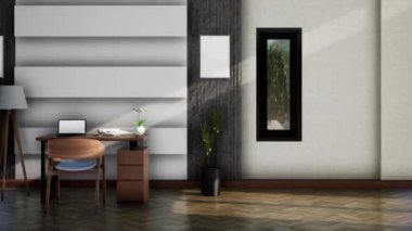 Modern çalışma alanının içi, pan-shot ağır çekim, video ultra HD 4K, 3D animasyon