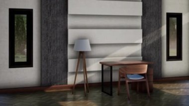 Modern çalışma alanının içi, döner çekim yavaş çekim, video ultra HD 4K, 3D animasyon