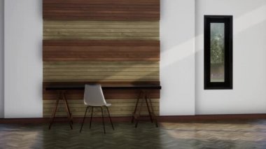 Modern çalışma alanı iç tasarımı, döner çekim yavaş çekim, video ultra HD 4K, 3D animasyon