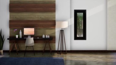 çalışma alanı modern iç tasarım, pan çekim ağır çekim, video ultra HD 4K, 3D animasyon
