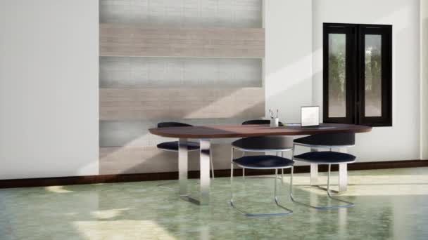 テーブルと椅子付きのモダンな作業室 回転するショットスローモーション ビデオ超Hd 3Dアニメーション — ストック動画