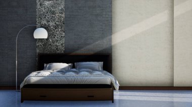 Çift kişilik yataklı modern yatak odasının iç tasarımı, 3 boyutlu görüntüleme arkaplanı