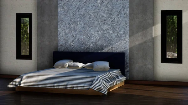Innenarchitektur Des Modernen Schlafzimmers Mit Doppelbett Und Loft Stil Wand — Stockfoto