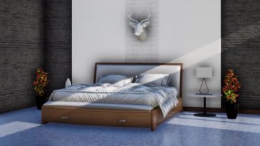 Modern yatak odası çift kişilik, döner çekim yavaş çekim, video ultra HD 4K 3840x2160, 3D animasyon