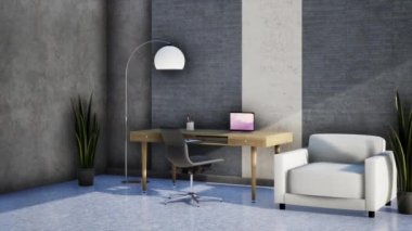 Mobilyalı modern tavan arası çalışma odası, döner çekim ağır çekim, video ultra HD 4K, 3D animasyon