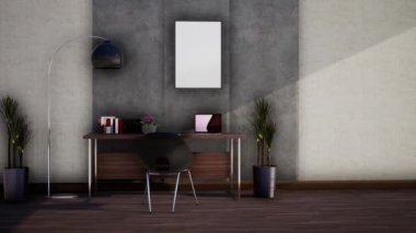 Mobilyalı modern çalışma odasının içi, döner çekim yavaş çekim, video ultra HD 4K, 3D animasyon