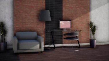 Mobilyalı odanın iç tasarımı, döner çekim yavaş çekim, video 4K 3D animasyon