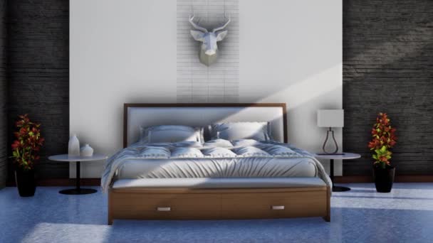 Moderno Dormitorio Diseño Interior Con Cama Doble Rotación Disparo Cámara — Vídeos de Stock