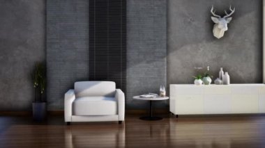 modern çatı katı tarzı oturma odası iç tasarımı, video 3D görüntüleme