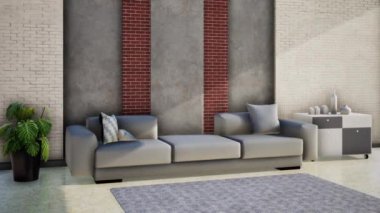 Modern oturma odasının içinde deri kanepe, 3D görüntü 4k