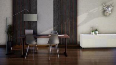 Beyaz ve siyah duvarlı modern odanın iç tasarımı, video animasyonu 3D