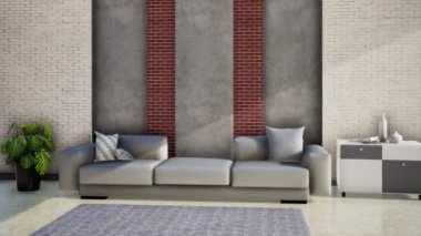 Modern oturma odası iç dizaynı deri kanepe, 3D görüntü 4k