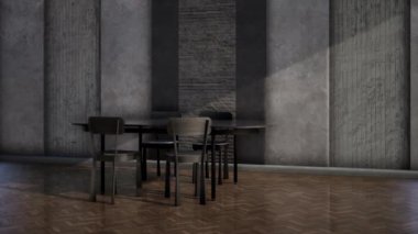 Siyah masa ve sandalyeli modern bir çatı katı odası, 3D video.