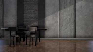 Siyah masa ve sandalyeli modern tavan arası odası, 3D video.