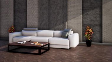 Modern oturma odası iç tasarımı, 3D görüntüleme 4k