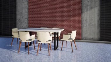 Masası ve sandalyesi olan bir kafenin modern iç mekanı, 3D görüntüleme
