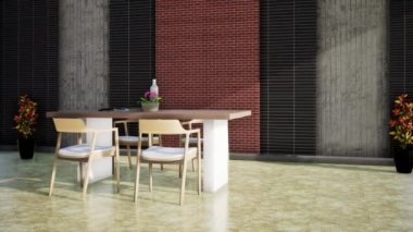 Masası ve sandalyesi olan modern bir odanın iç tasarımı, 3D görüntüleme.