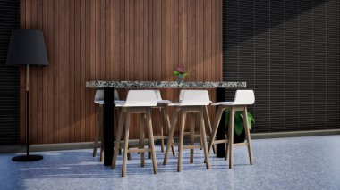 Masa ve sandalyeli modern oda iç mimarisi, 3 boyutlu görüntüleme arkaplanı