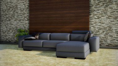 Kanepe, ahşap ve tuğla duvarlı modern oturma odası, arka plan 3 boyutlu.