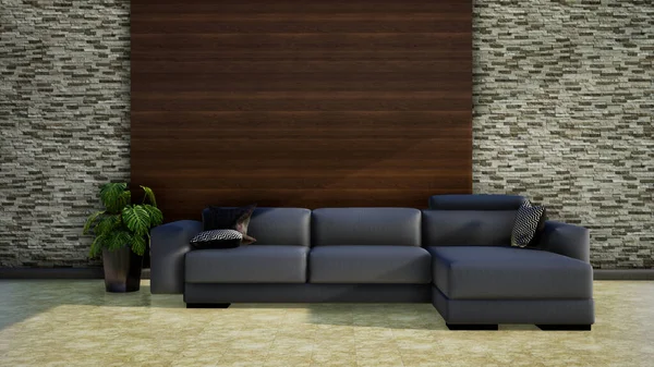 Kanepe, ahşap ve tuğla duvarlı modern oturma odası.