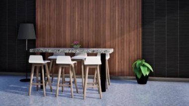 Siyah ve ahşap duvarlı modern odanın iç tasarımı, 3D video canlandırması