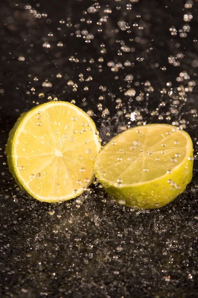 Lemon Laim Slices Drops Water Black Background Stock Image