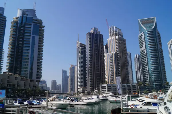 Arquitetura Dubai Com Arranha Céus Majestosos Dubai Emirados Árabes Unidos — Fotografia de Stock