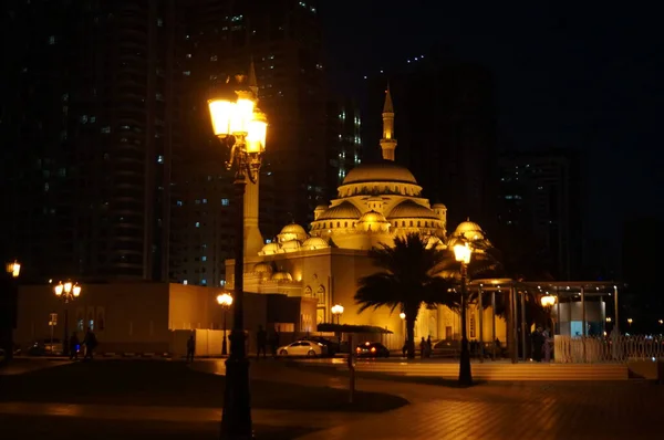 Mosquée Musulmane Dans Ville Lumières Ville Nocturne Dubai Émirats Arabes — Photo