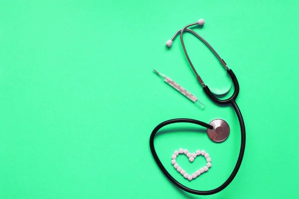 Creative Flatlay Composition Medical Equipment Green Background Stethoscope Medical Documents — Stock Photo, Image