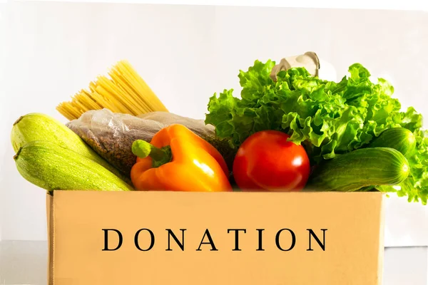 Food Delivery Food Donation Table Help Cardboard Box Wiht Various — Stock Photo, Image