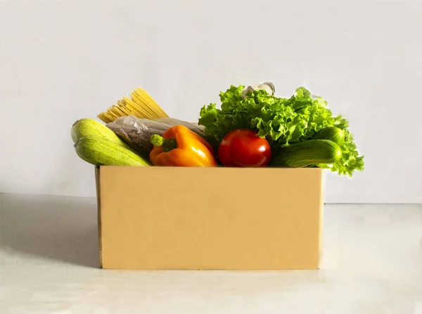 Food Delivery Food Donation Table Help Cardboard Box Wiht Various — Stock Photo, Image