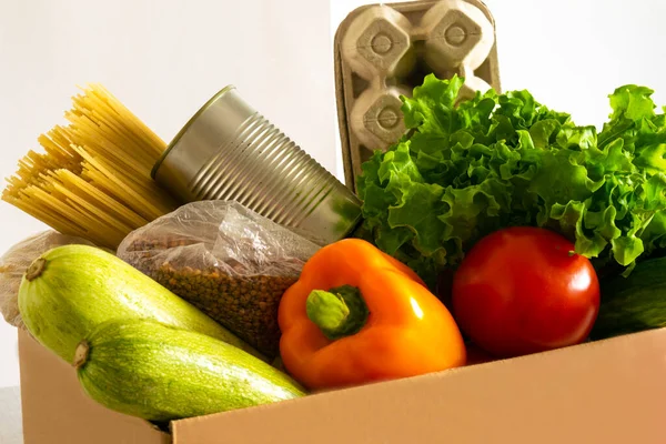 Food Delivery Food Donation Table Help Cardboard Box Wiht Various Stock Photo