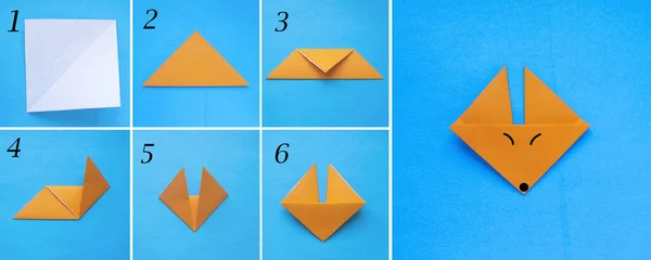 Adım adım fotoğraf çekerek origami kağıdından tilki yapmayı öğretiyorum. Çocuk konseptiyle basit bir şey. basamakların kolajı fotoğrafı