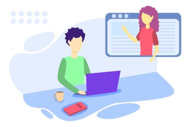 Çevrimiçi kurslar vektör illüstrasyonu. Düz insan sanal konsepti öğrenir. Modern bilgi geliştirme, internet eğitimi, öğretim. Giyin ve uzak mesafe ders servisi. Web sunum videosu.