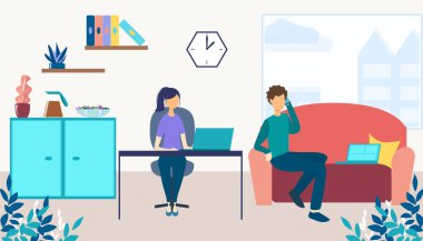 Resepsiyonist ve erkek ofis resepsiyonisti yönetici ve ziyaretçi vektör grafik tasarımı ile birlikte çalışıyor. Ev işlerinden ev işleri