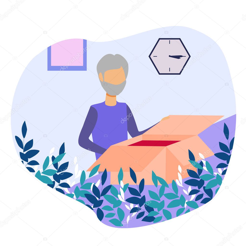 Delivery service for the elderly vector illustration. Flat tiny shipping box persons concept. Global international logistics distribution. Parcel and ordered goods transport export to customer location fast in time.
