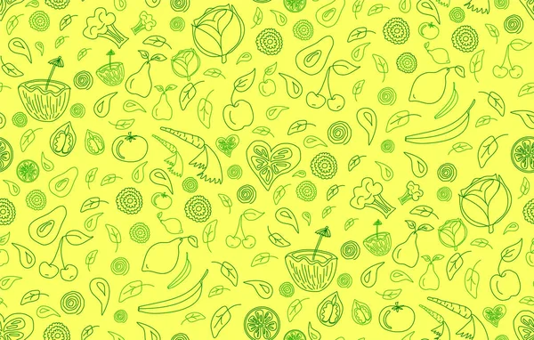 Padrão Sem Costura Frutas Legumes Fundo Amarelo Estilo Doodle Desenhado — Vetor de Stock