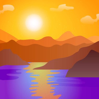 Gün batımı, deniz, dağlar, mor tonlar, seyahat, kamp. Vektör illüstrasyonu, şablon grafik tasarımı