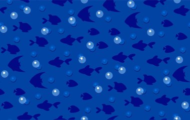 Kalıp: balık sürüleri su altında yüzer, siluetler. Vektör illüstrasyonu, posterler, el ilanları, kartlar, fişler vs. için şablon grafik tasarımı.