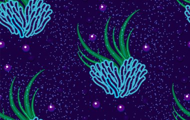 Kusursuz desen: mavi arkaplandaki mercan resifleri, sualtı dünyası. Vektör illüstrasyonu, posterler, el ilanları, kartlar, fişler vs. için şablon grafik tasarımı.