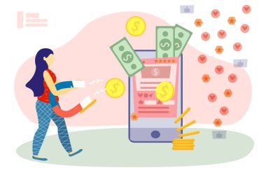 Sosyal medya profilinin paraya çevrilmesi. Çevrimiçi düz vektör çizimi yaparak para kazan. Etkilendirici pazarlama stratejisi ve pazarlama yatırım kavramı. Kişisel marka oluşturma ve içerik oluşturma