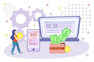 İnternet bankacılığı düz vektör çizimi konsepti. Cep telefonu, bilgisayar ve akıllı telefon kullanarak para transferi bankacılık ödeme uygulaması, temassız ödeme, dünya çapında finansal işlemler