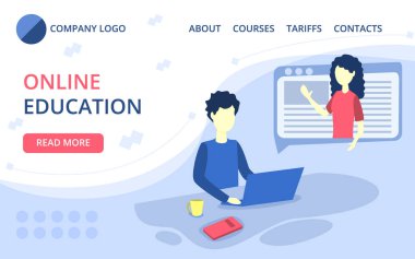 Webinar ve uzaklık dersi web sitesi ana sayfa çizimi için çevrimiçi kurslar. Düz insan sanal konsepti öğrenir. İnternet eğitimi ve iniş sayfası kullanarak modern bilgi geliştirme