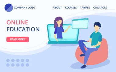 Webinar ve uzaklık dersi web sitesi ana sayfa çizimi için çevrimiçi kurslar. Düz insan sanal konsepti öğrenir. İnternet eğitimi ve iniş sayfası kullanarak modern bilgi geliştirme