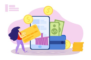 Çevrimiçi alışveriş vektörü illüstrasyonu Sabit dijital dükkan müşterisi uzaktan alışveriş için ağ aygıtları telefon ve tabletler kullanarak sanal iş satın alıyor. Ödeme ticaret servisi ile çıkış yapın