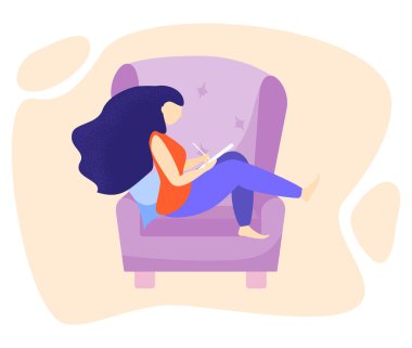 Evdeki sembolik kadın kendi konseptini yapıyor. Hygge yaşam tarzı düz kompozisyon. Oturma odası iç mekan manzaralı. Çift kanepe vektör çiziminde oturuyor.