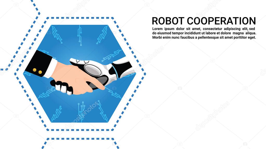 Artificial intelligence (AI) Robot and business man handshake together. Concept future business illustration. Vector technology. Flat design eps 10
