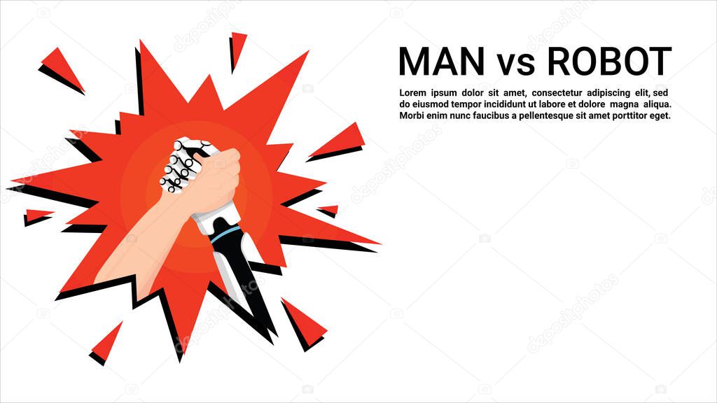 Artificial intelligence (AI) Robot vs human confrontation arm wrestling. Concept future Struggle illustration. Vector technology. Flat design eps 10