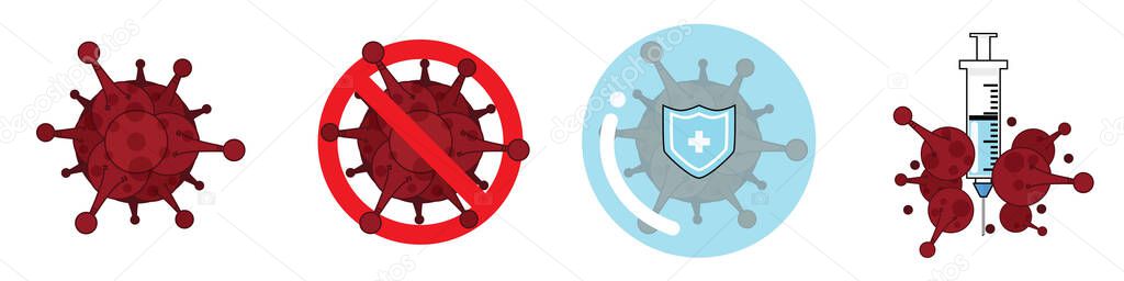 COVID-19 Signs of virus, stop, quarantine, vaccination concept of coronavirus treatment. 4 Styles Corona virus cell pure, crossed with red STOP, inside blue barrier, Eliminated on White background.Vector illustration